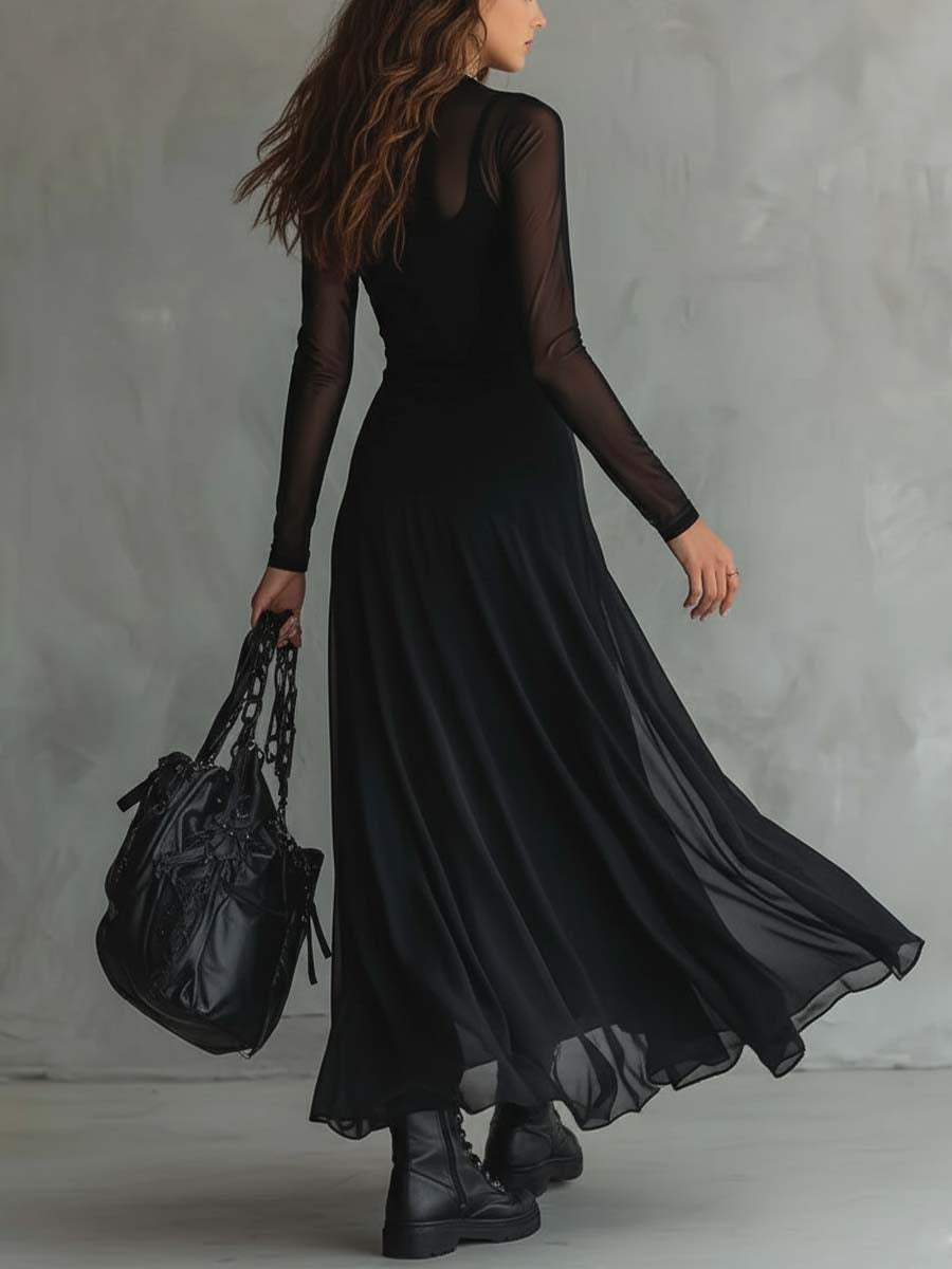 Emma™ | Schwarzes Maxikleid mit transparenten Ärmeln