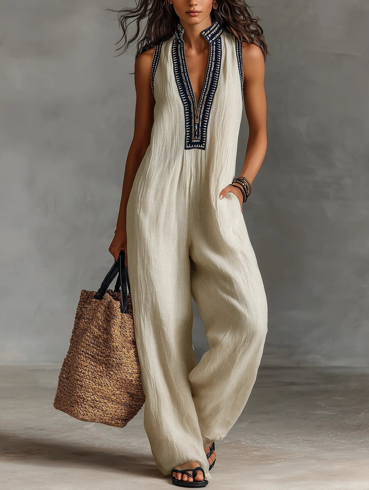 Fiamma - Ärmelloser Jumpsuit mit minimalistischem Stehkragen und Reißverschluss
