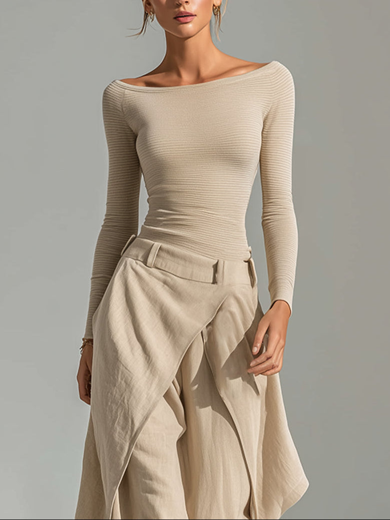 Juliette | Beiges Oberteil mit U-Boot-Ausschnitt & weit geschnittene Hose im Lagenlook