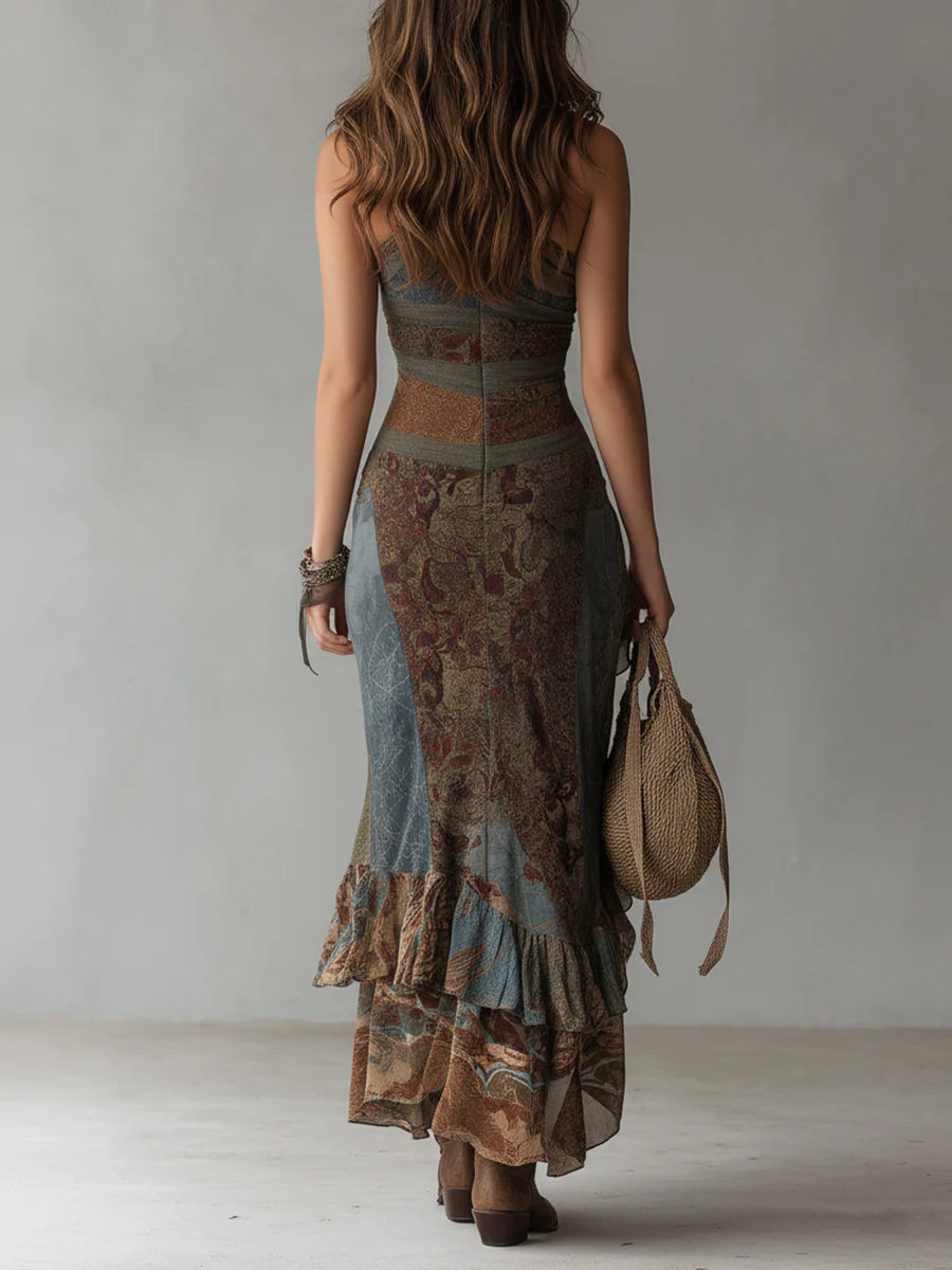 Soraya | One-Shoulder-Maxikleid mit Ethno-Muster und hohem Schlitz