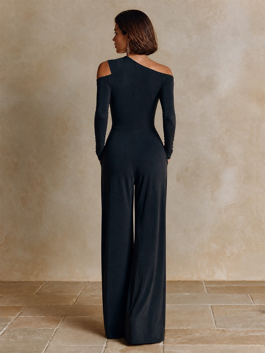 Élodie | Schwarzer One-Shoulder-Abend-Jumpsuit mit weitem Bein
