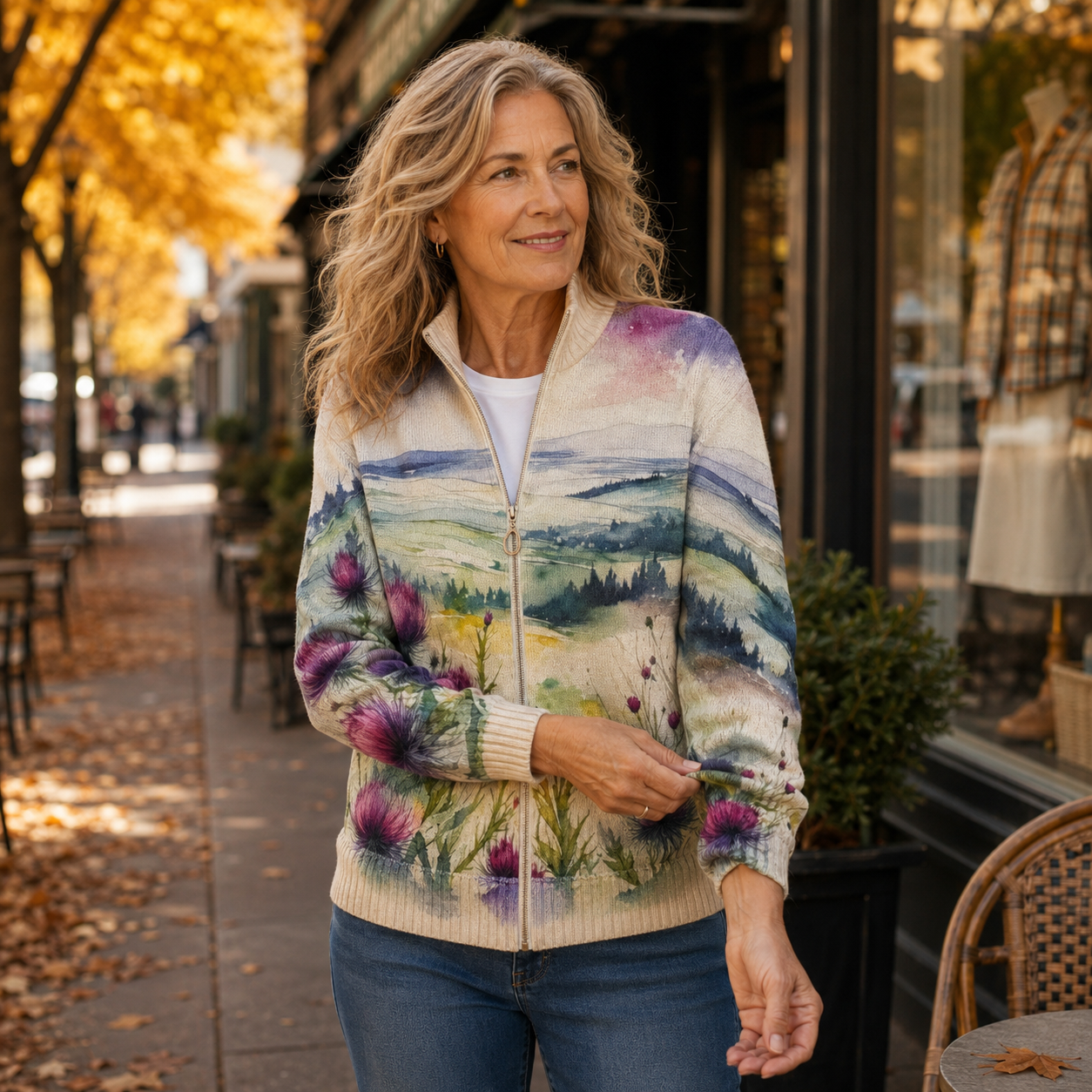 Zelda™ | Reißverschluss-Cardigan mit schottischer Distel-Landschaft