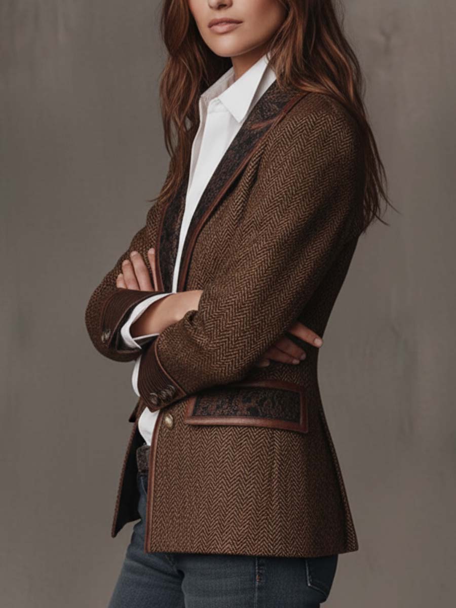 Damen-Blazer mit Fischgrätmuster und Print-Einsätzen