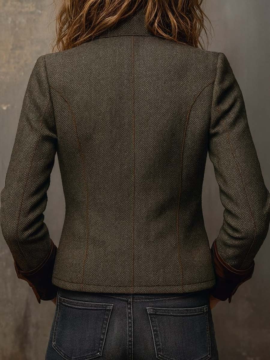 Damen Vintage-Blazer mit Fischgrätmuster und Kontrastbesatz