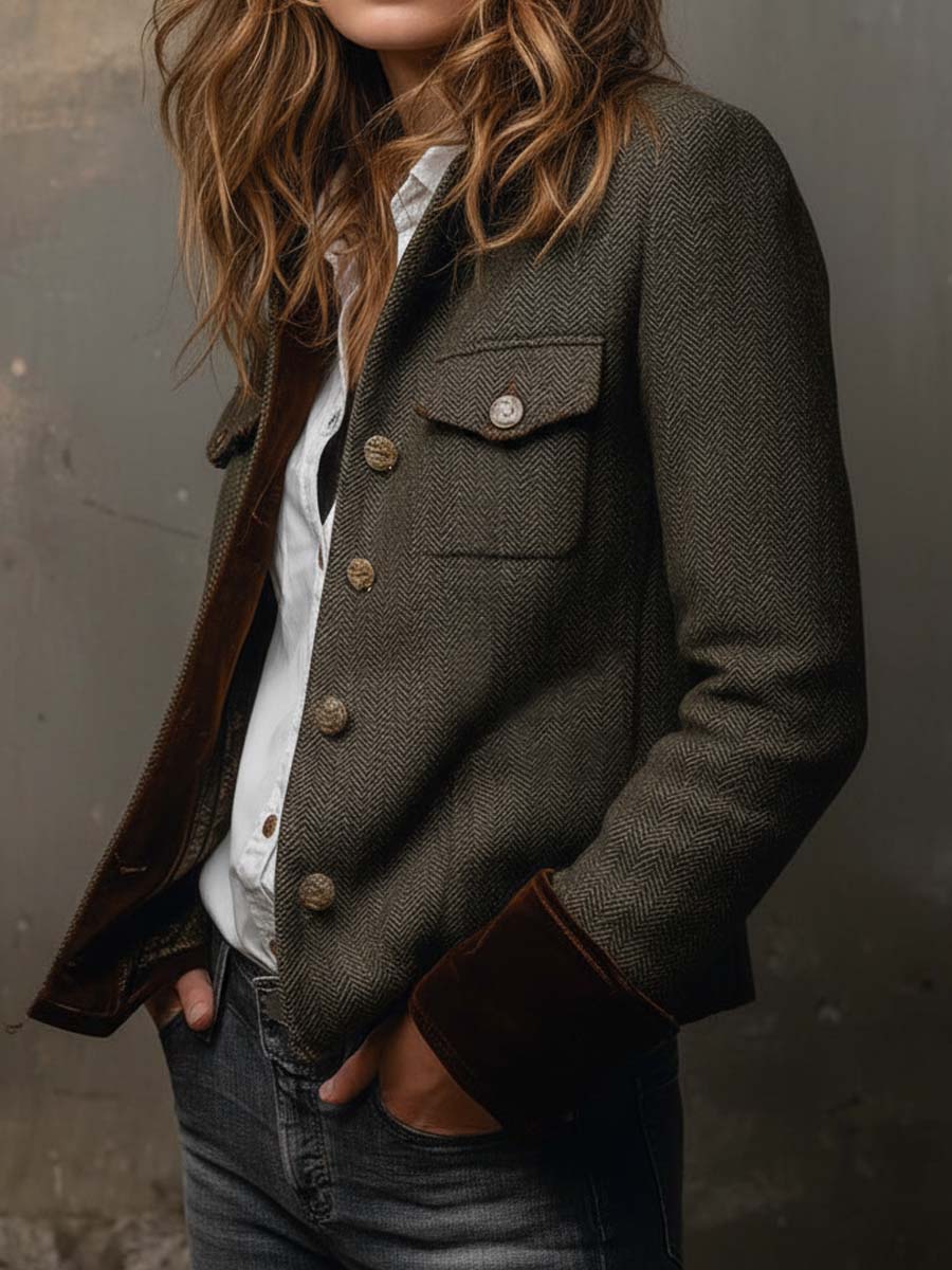 Damen Vintage-Blazer mit Fischgrätmuster und Kontrastbesatz