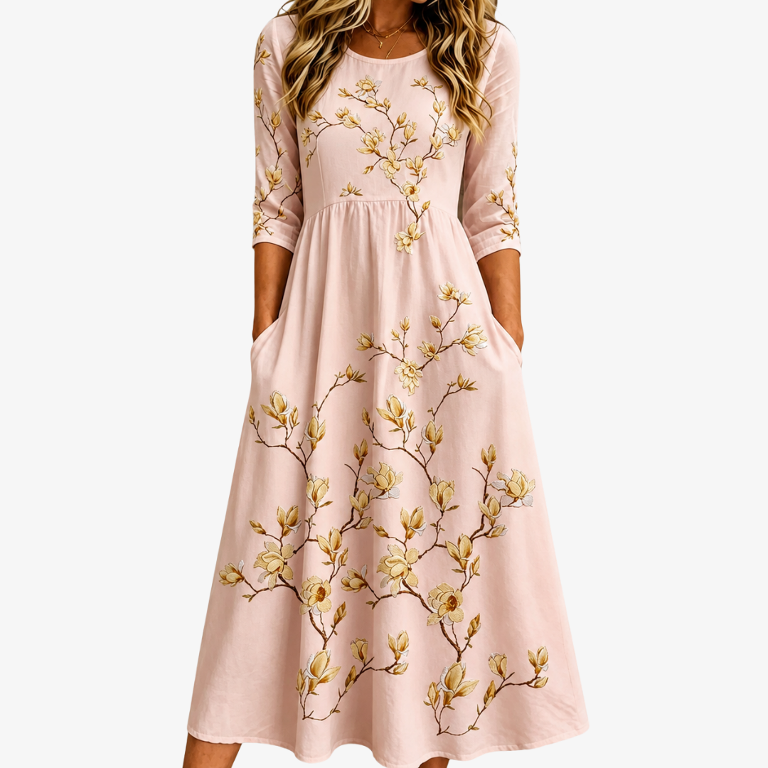 Goldene Magnolienblüten Midikleid mit Taschen
