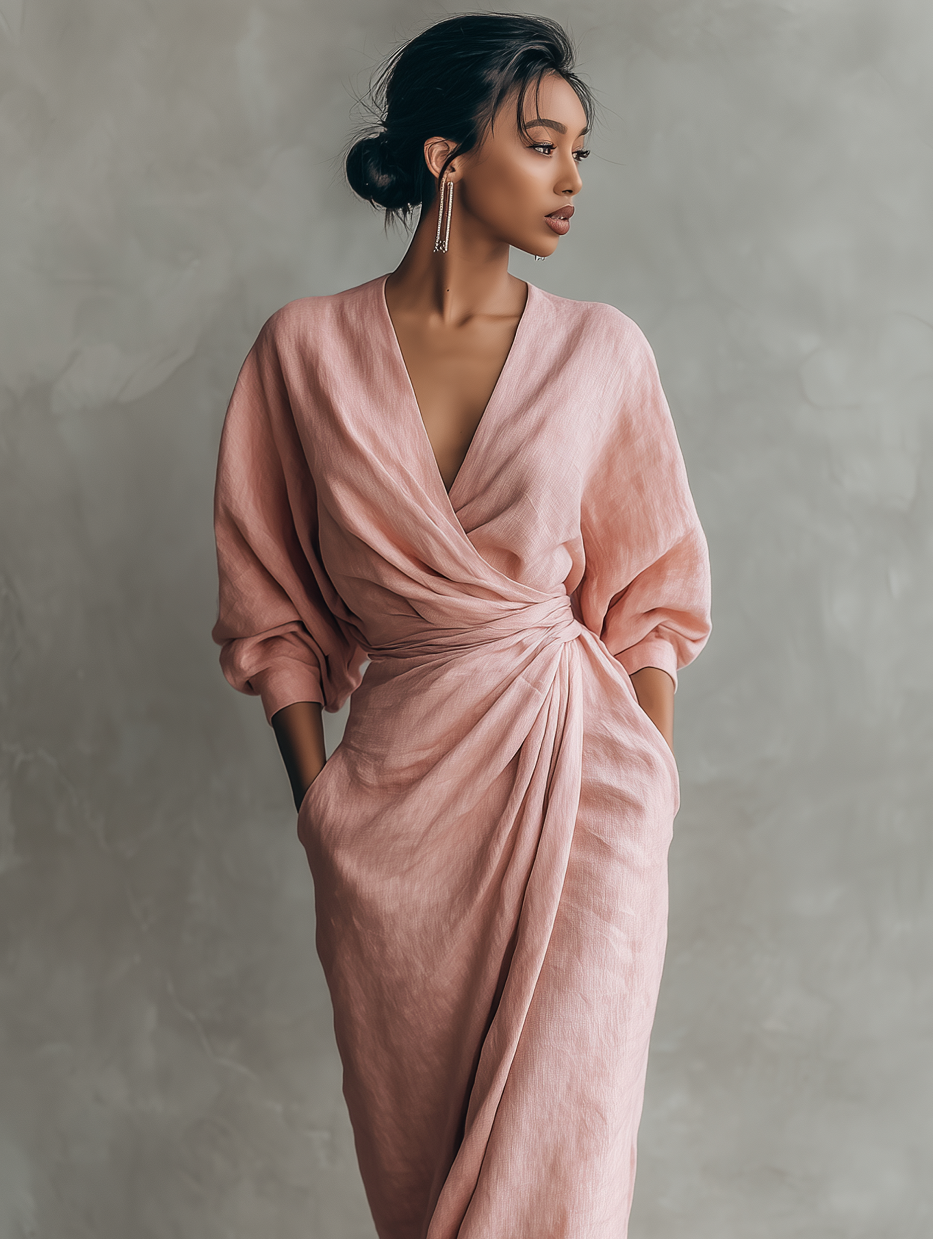 Minimalistisches Maxikleid in Pink mit V-Ausschnitt aus Leinenmischung für die Frau