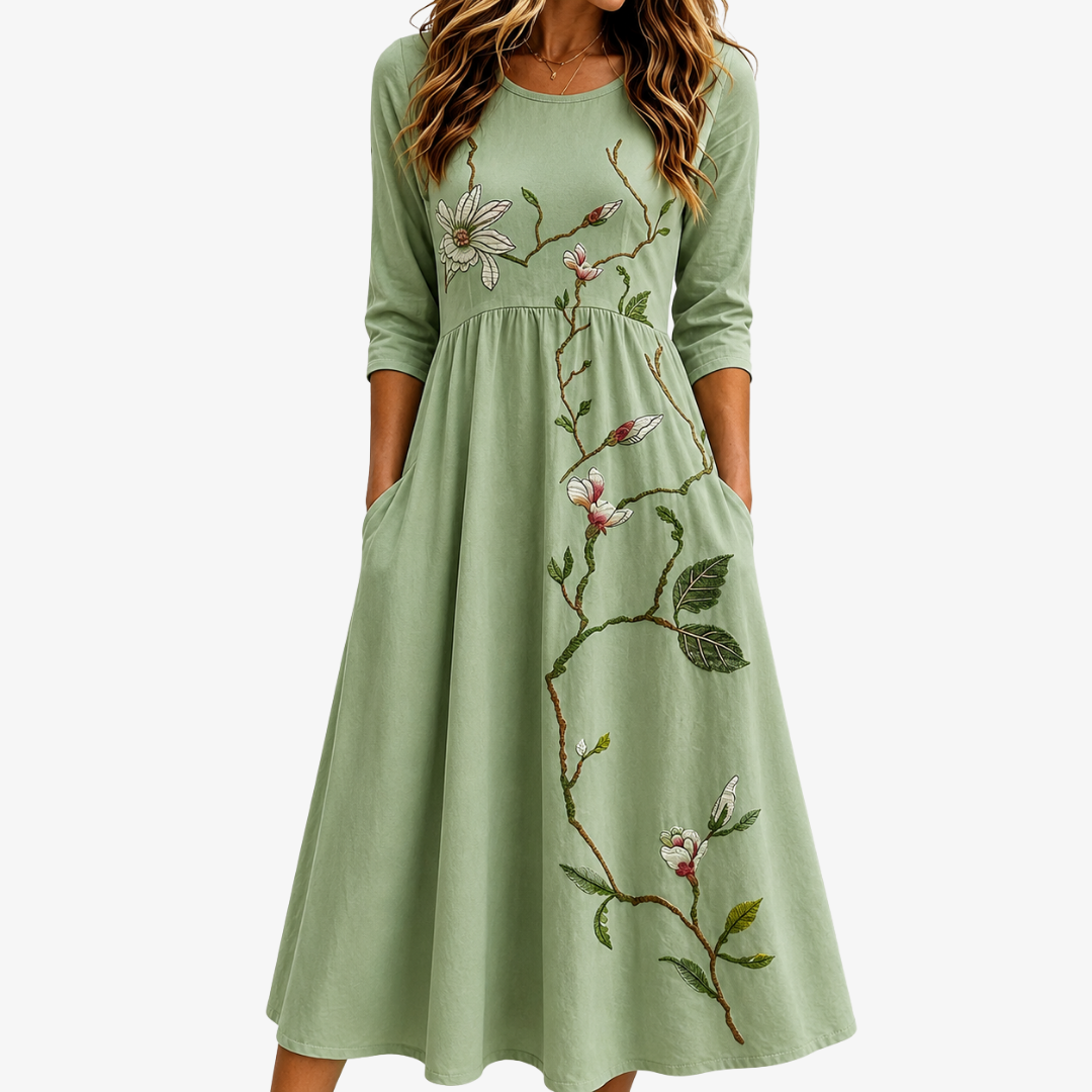 Weidenblüten Salbeigrünes Midikleid