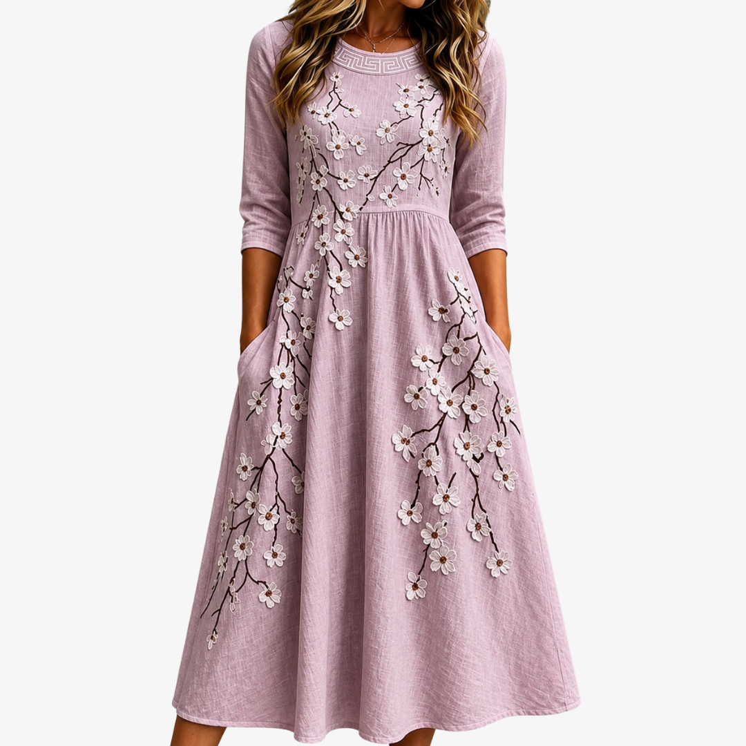 Zartrosa Obstgarten Blumen-Midikleid