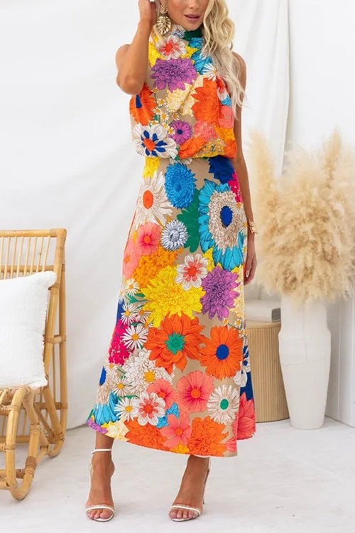 Langes ärmelloses Kleid mit Schleife und Blumendruck