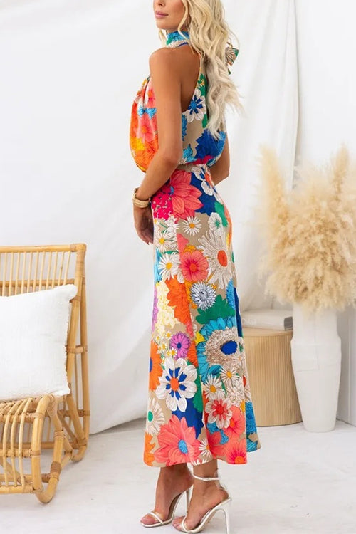 Langes ärmelloses Kleid mit Schleife und Blumendruck