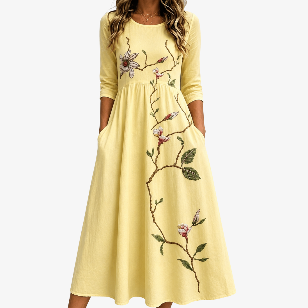 Goldene Blüten Midikleid mit Taschen