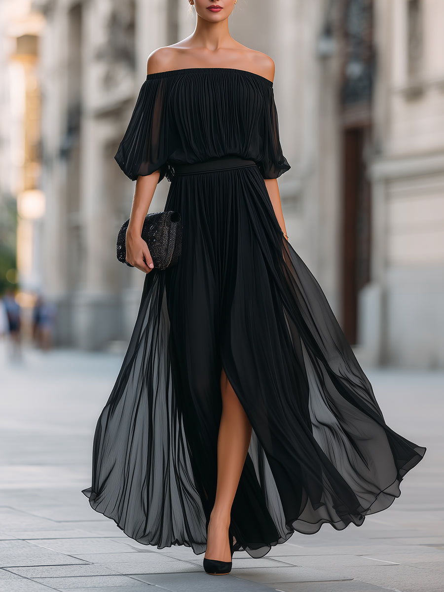 Serafina | Schulterfreies Chiffon-Maxikleid
