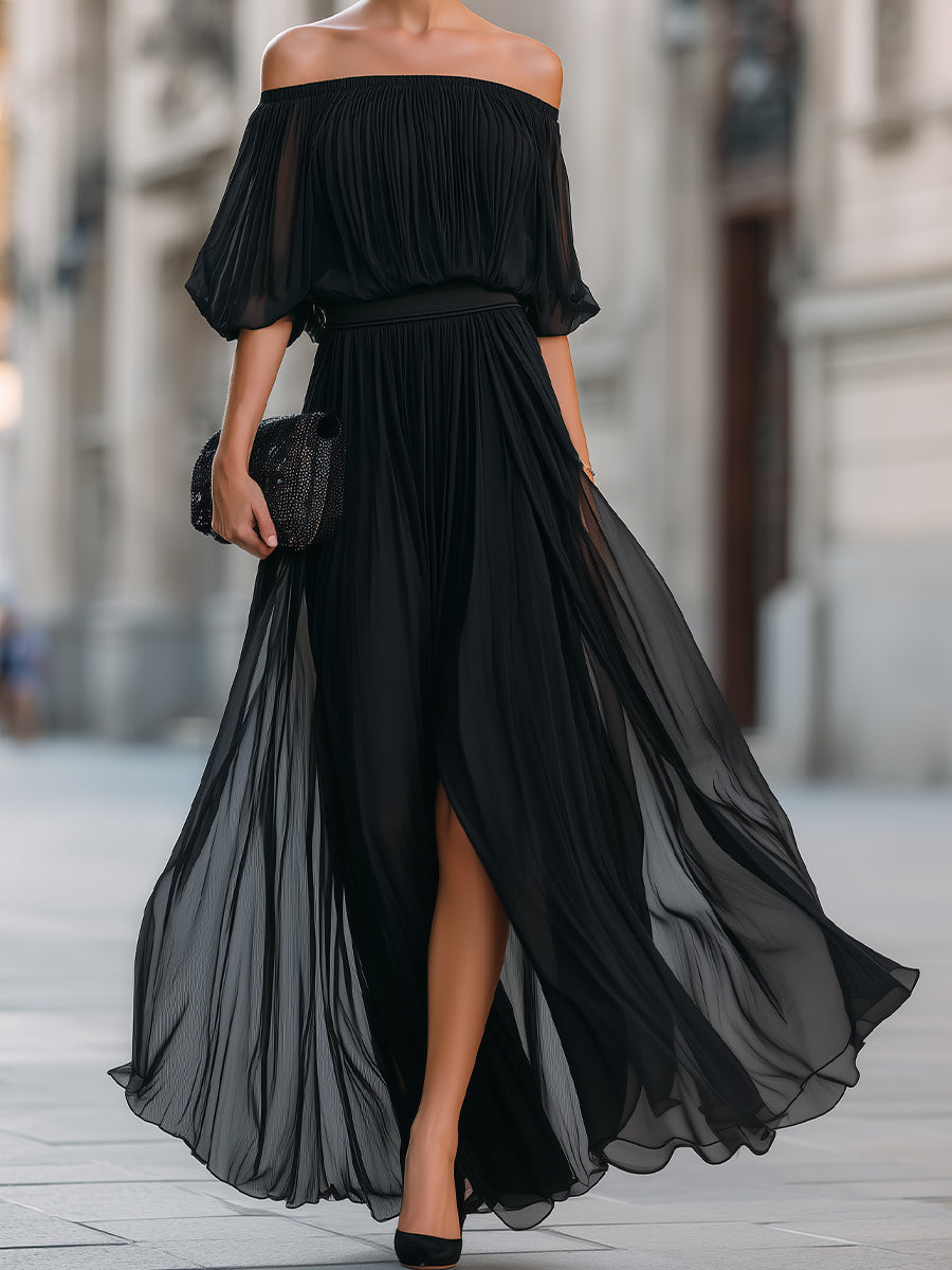 Serafina | Schulterfreies Chiffon-Maxikleid