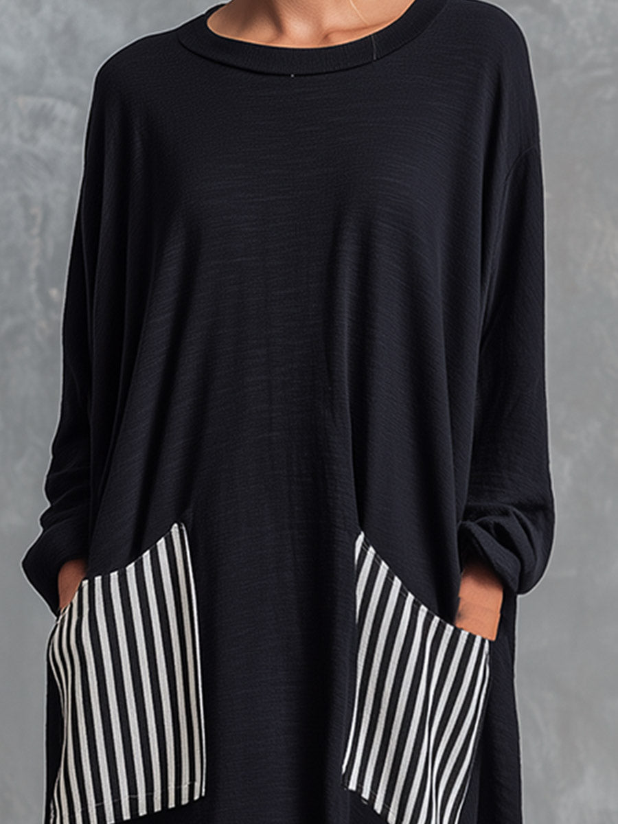 Stefania | Schwarzes Oversize-Maxikleid aus Baumwolle mit Streifen im Patchwork-Stil