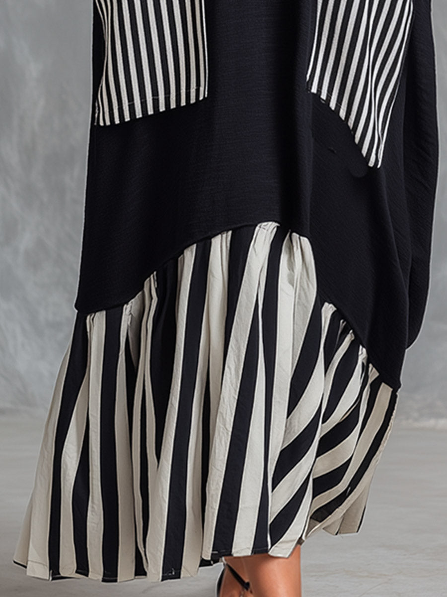 Stefania | Schwarzes Oversize-Maxikleid aus Baumwolle mit Streifen im Patchwork-Stil