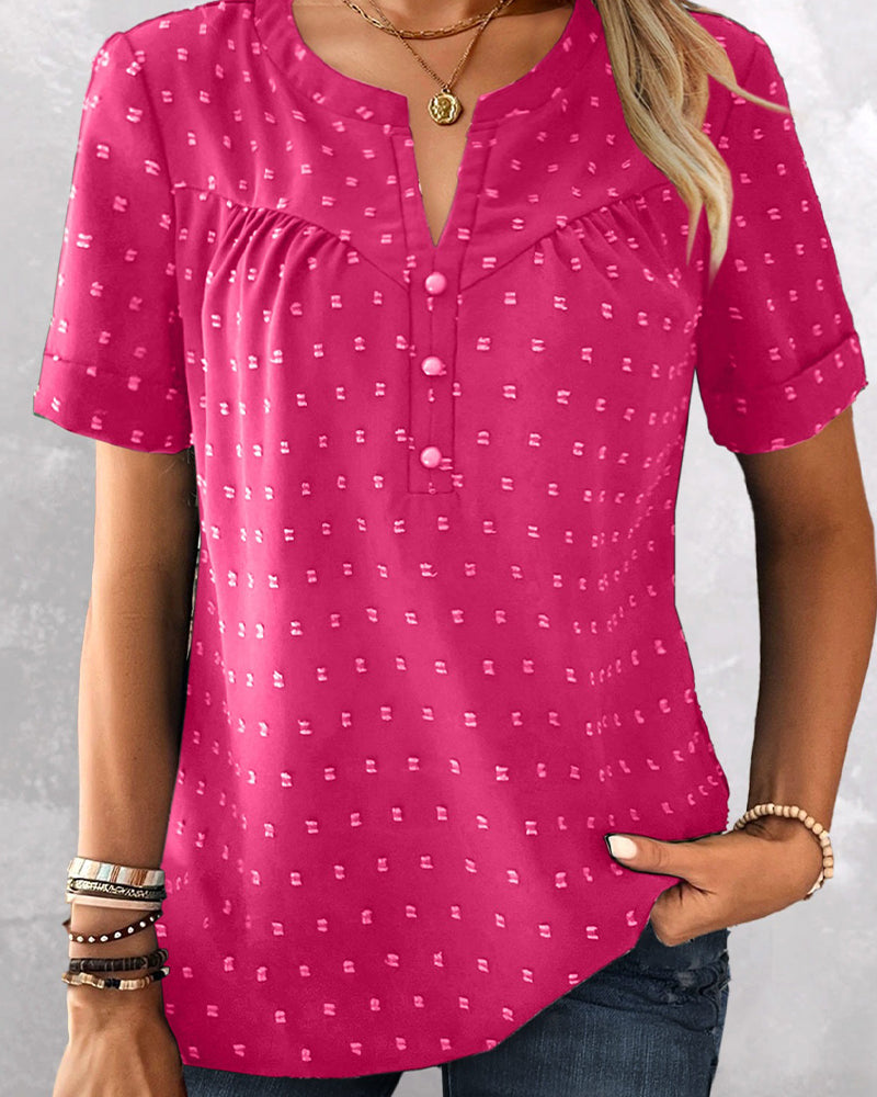 Jacquard-Bluse mit V-Ausschnitt, Halbknopfleiste und kurzen Ärmeln