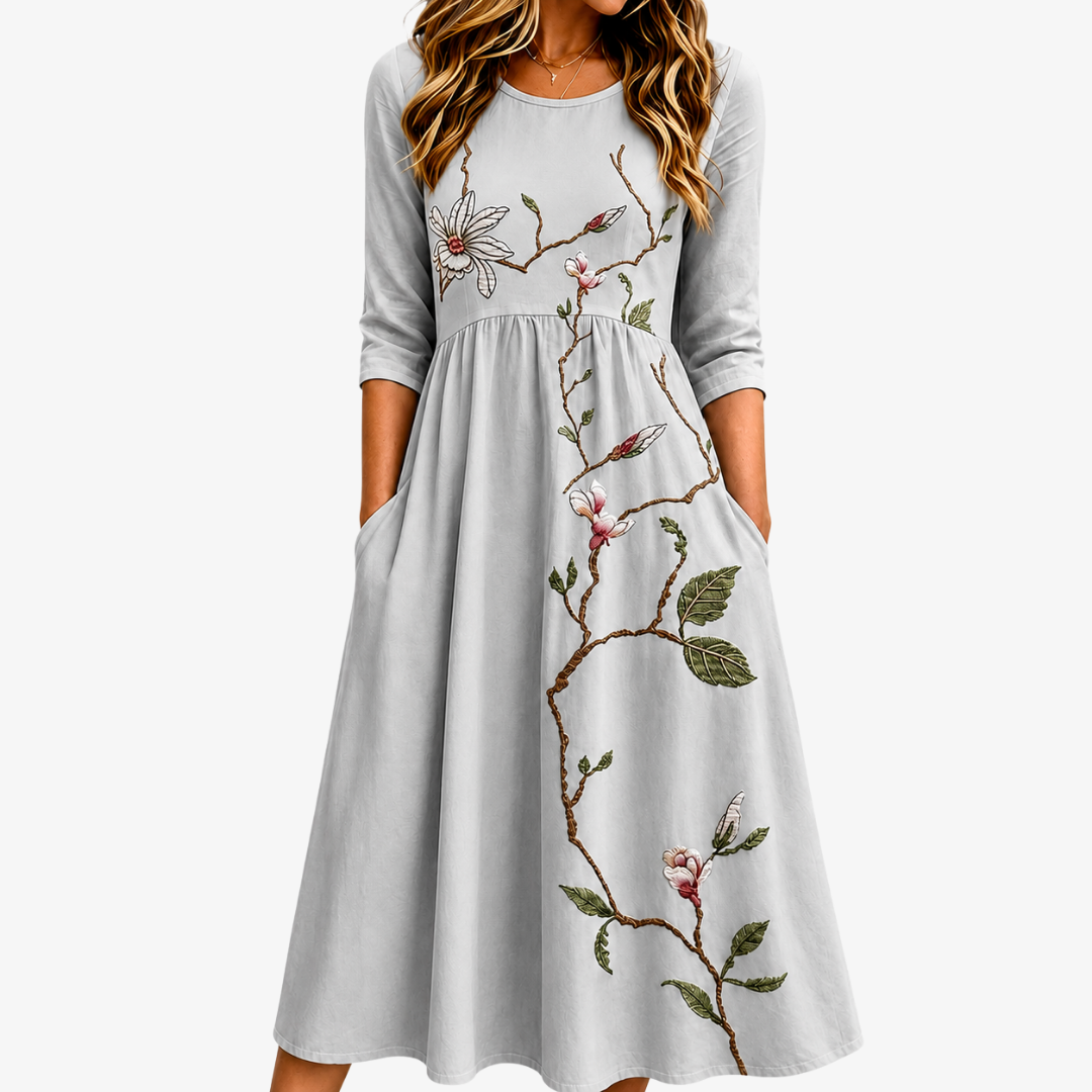 Silberne Wiesenblüten Midikleid mit Taschen
