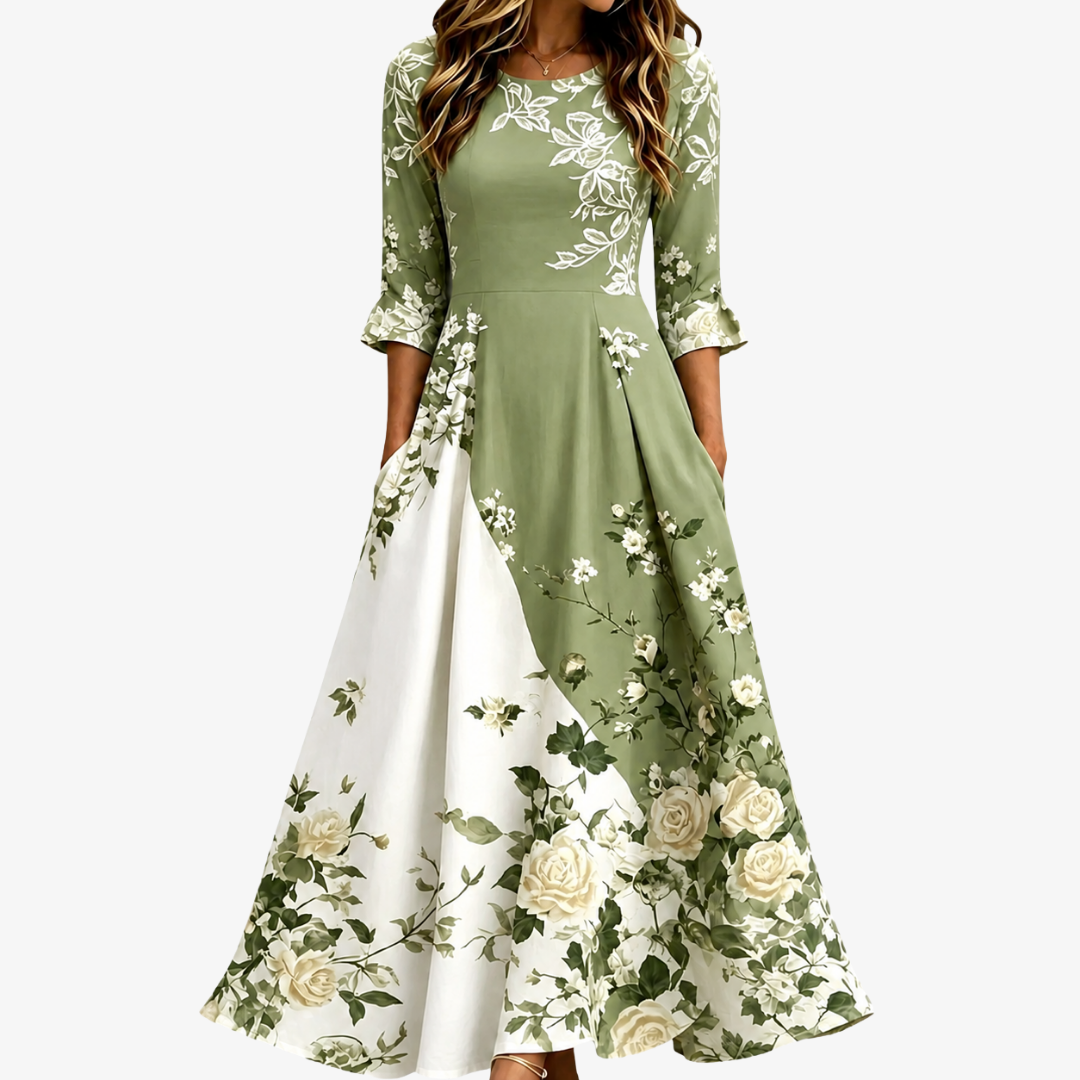 Salbeigrüner Rosengarten Maxikleid mit Taschen