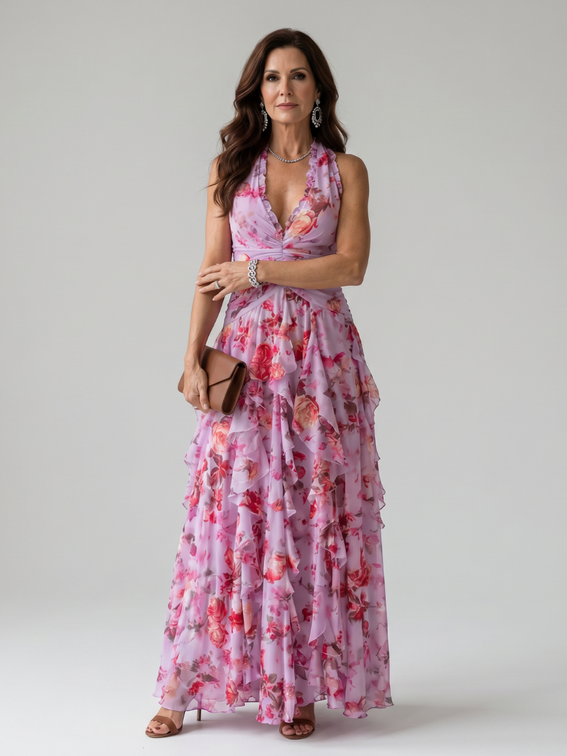 Nori | Geblümtes Maxikleid mit Sweetheart-Ausschnitt und Rüschenoberteil