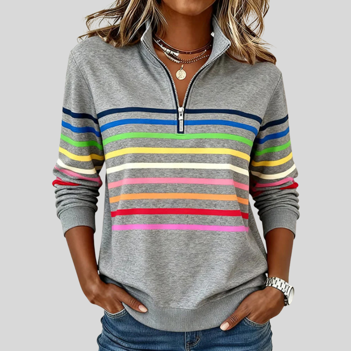 Prismette™ | Bunt gestreiftes Sweatshirt mit Viertelreißverschluss