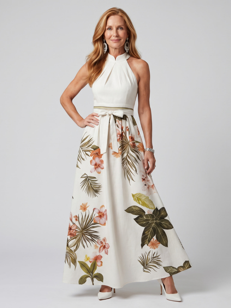 Meadow | Maxikleid mit drapiertem Ausschnitt und botanischen Einsätzen