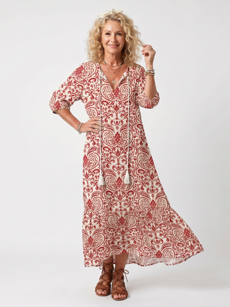 Noelle | Midi-Kleid mit Quastenverschluss und aufwendigem Print