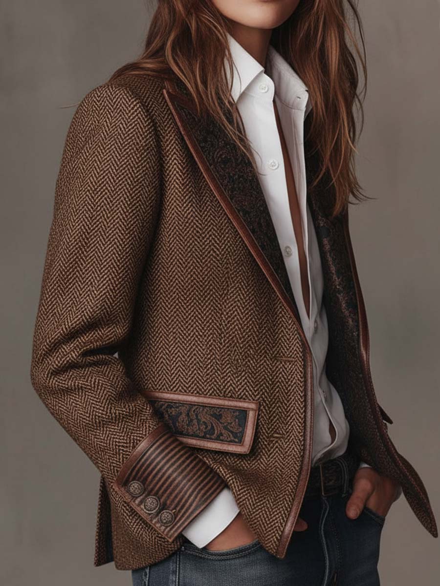 Damen-Blazer mit Fischgrätmuster und Print-Einsätzen