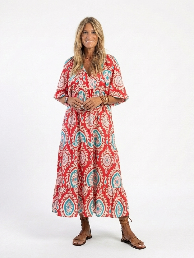 Zaria | Midi-Kleid mit V-Ausschnitt, kurzen Ärmeln und Paisley-Muster