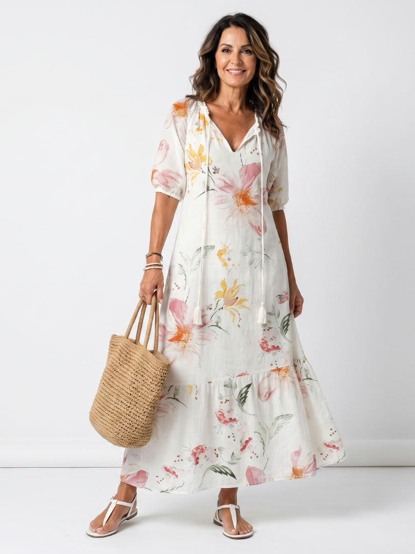 Noa | Midi-Kleid mit zarten Blumenmustern, Stufenschnitt und Quasten