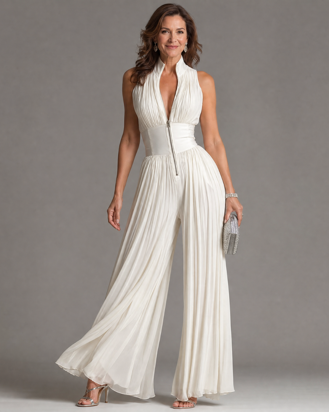 Zakira | Plissierter Jumpsuit mit Rundhalsausschnitt und weitem Bein