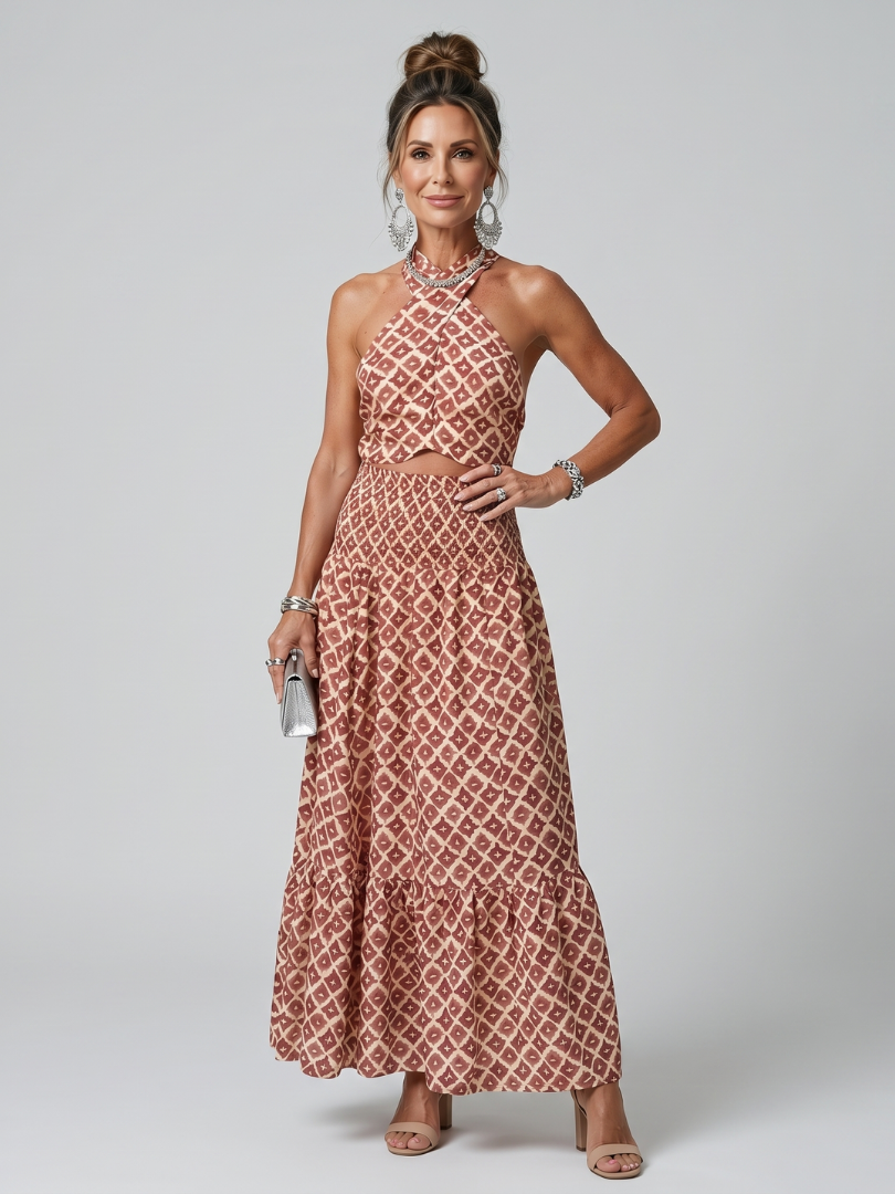 Amira | Cross Halter Geometrischer Druck Ausschnitt Midikleid
