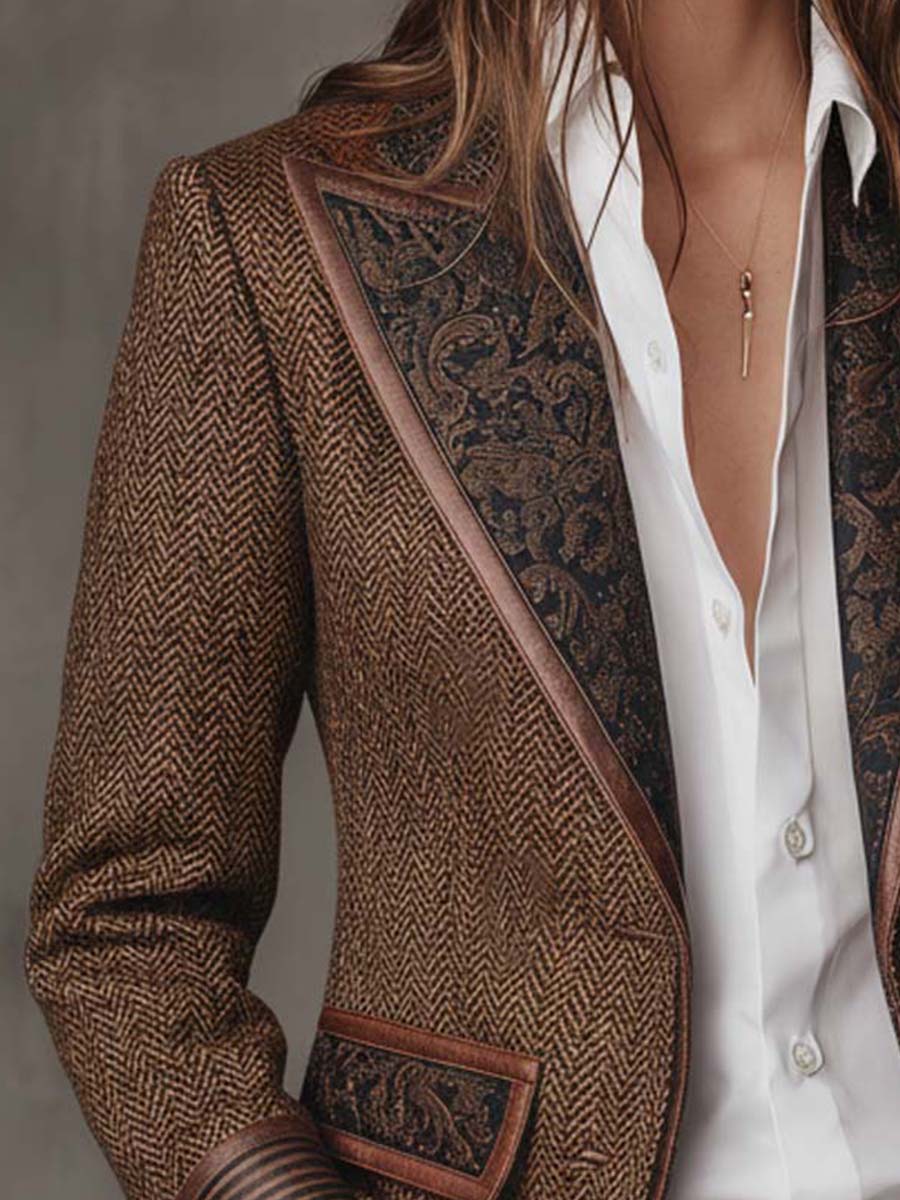 Damen-Blazer mit Fischgrätmuster und Print-Einsätzen