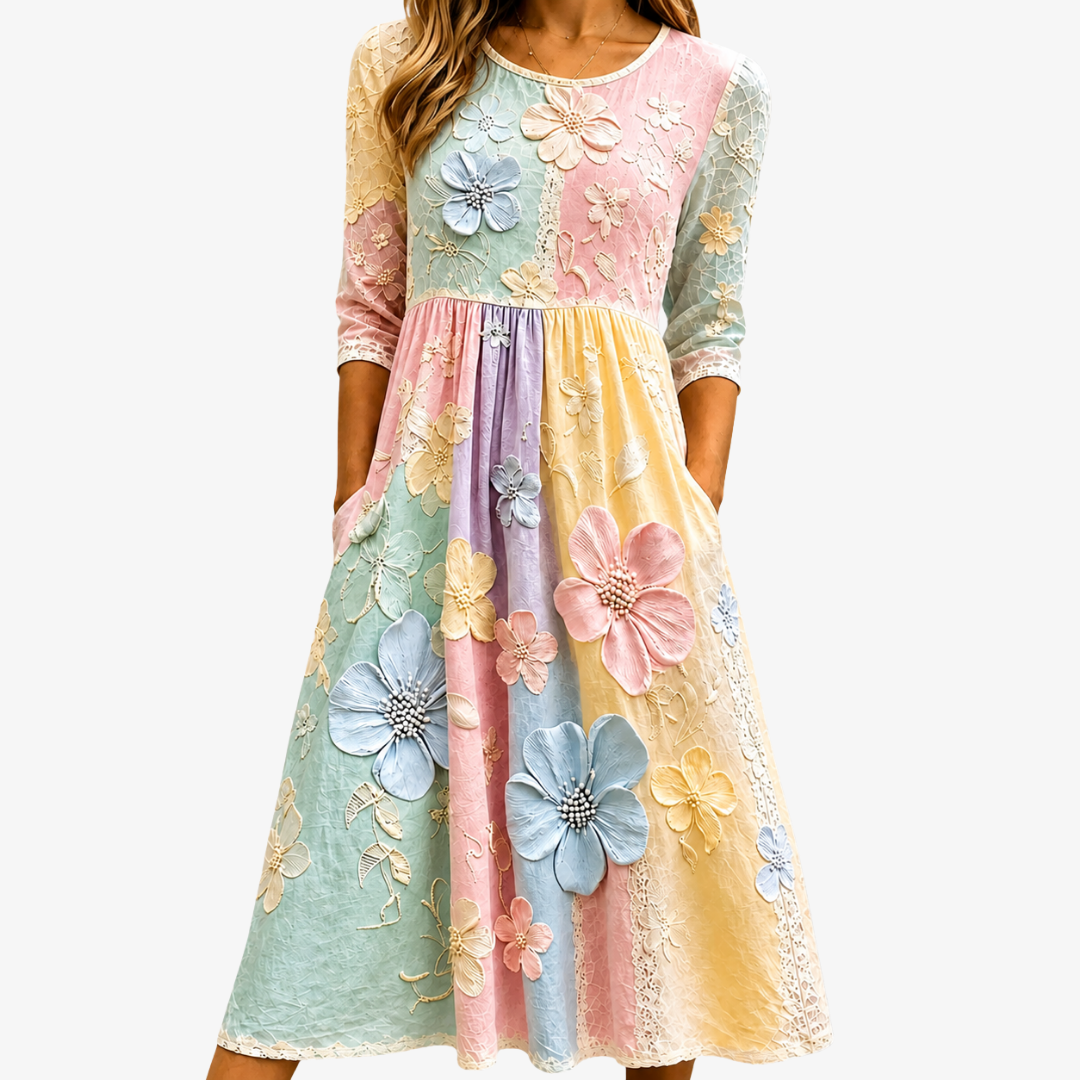 Pastellblüten Garten-Midikleid mit Taschen