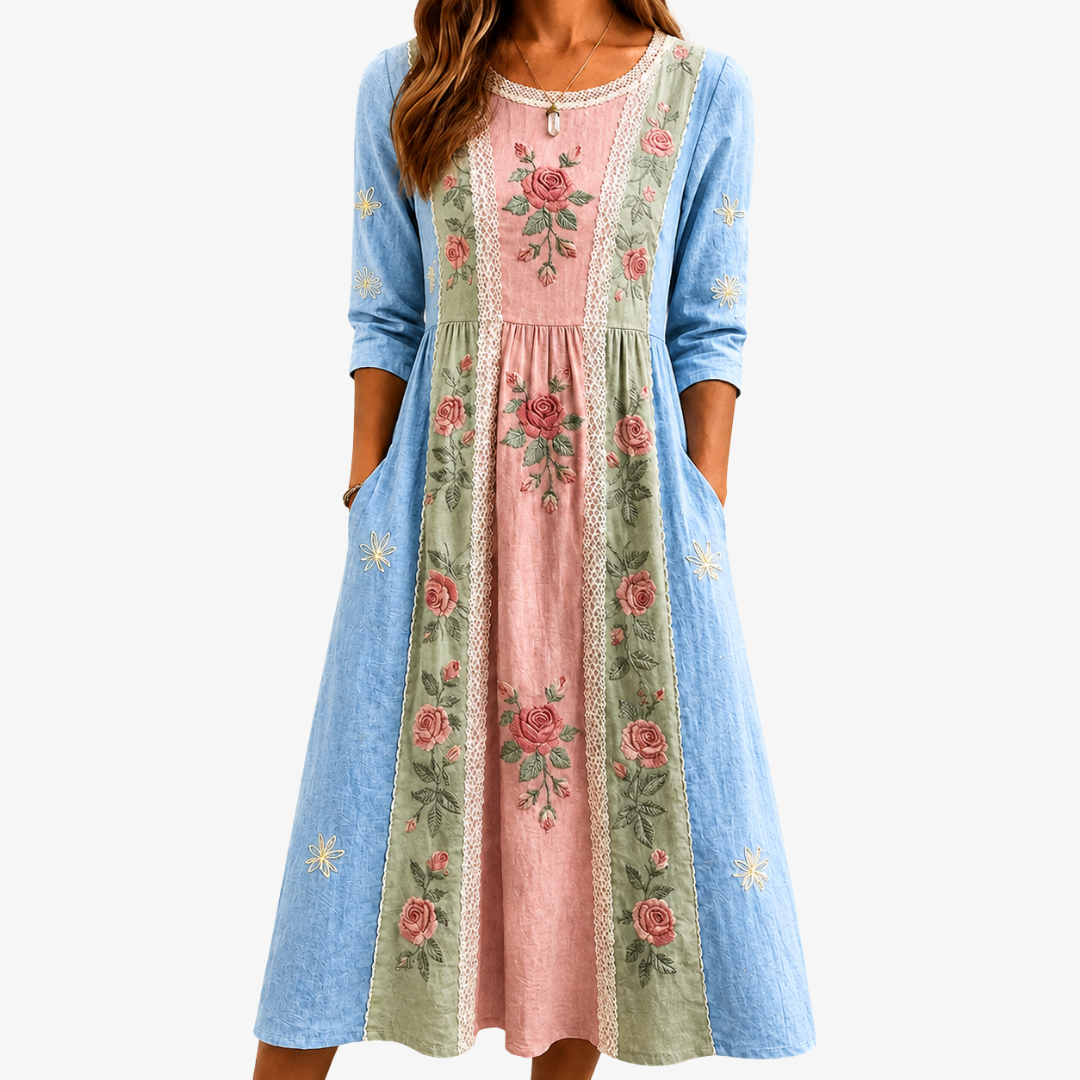 Vintage-Rosengarten Patchwork-Kleid mit Taschen