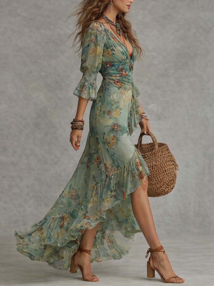 Aurora - langes Boho-Blumenkleid mit romantischem, asymmetrischem Saum
