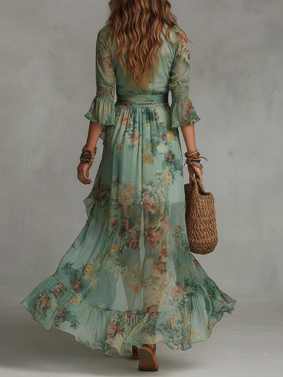 Aurora - langes Boho-Blumenkleid mit romantischem, asymmetrischem Saum