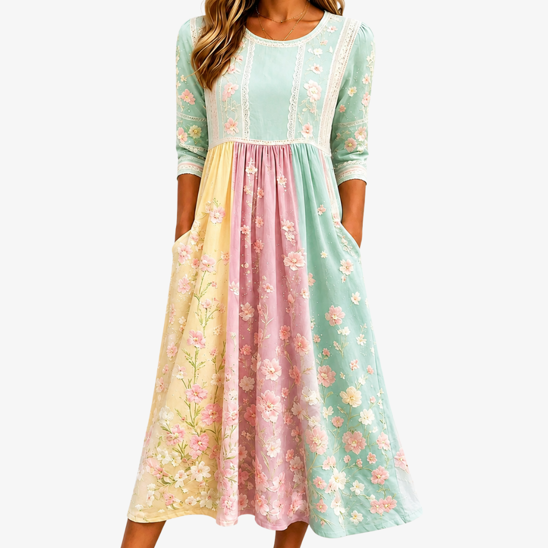 Frühlingsblüten Patchwork-Midikleid mit Taschen