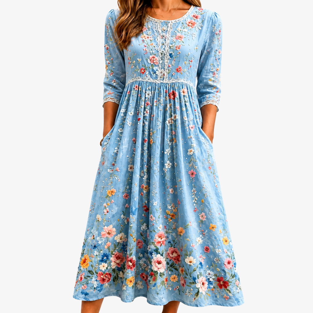 Himmelblauer Blütengarten Midikleid