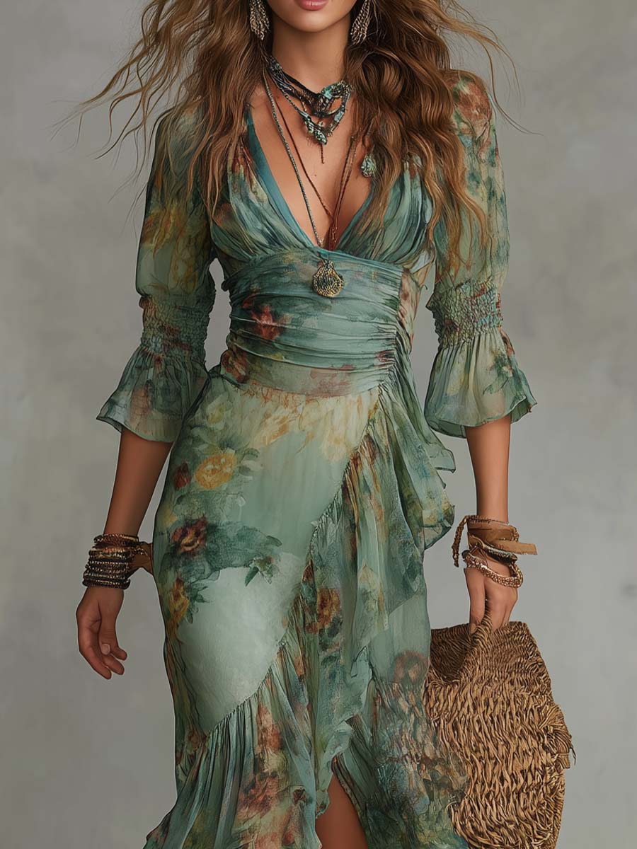 Aurora - langes Boho-Blumenkleid mit romantischem, asymmetrischem Saum