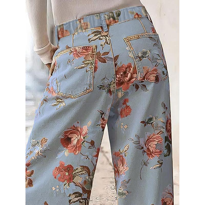 Florale Weite Rohre Hohe Taille Freizeithosen