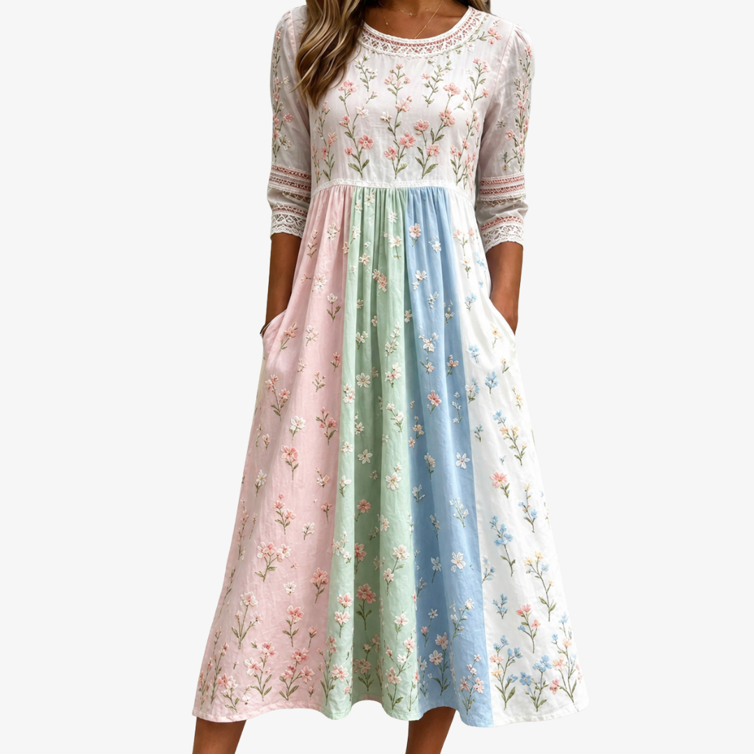 Pastellwiese Blumen-Midikleid mit Taschen