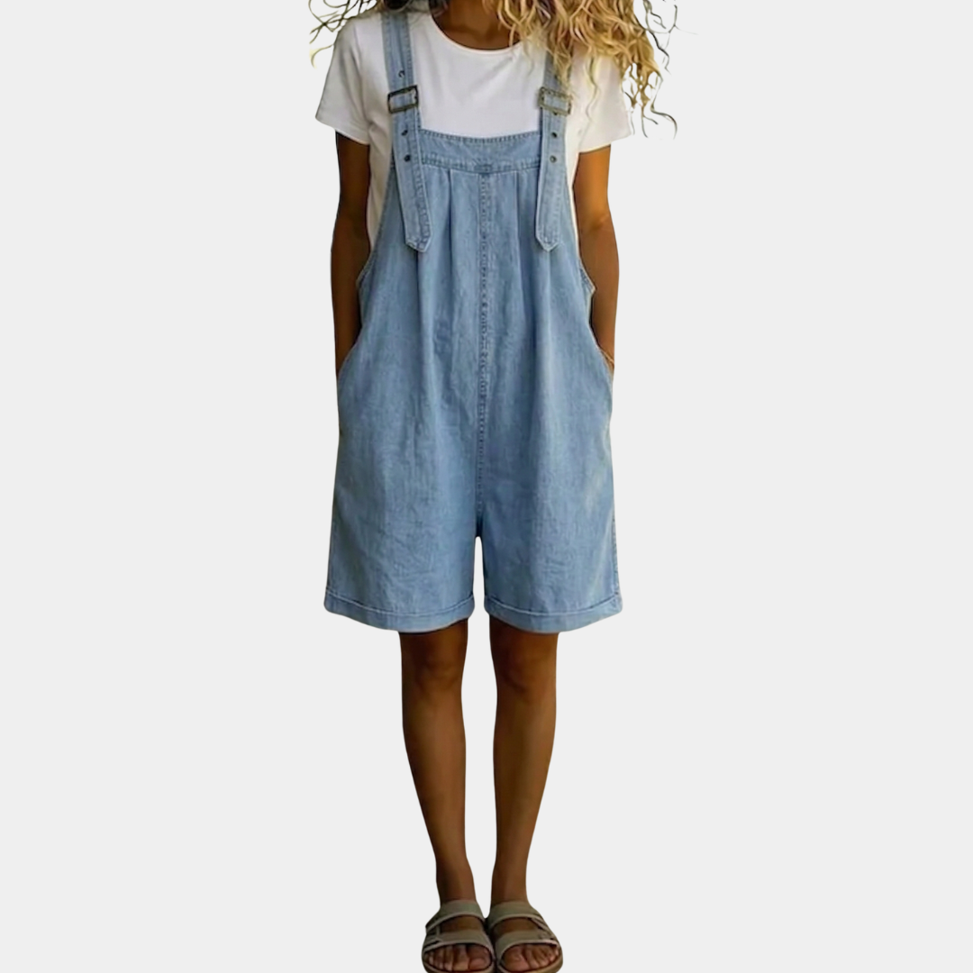 Clara | Vintage Washed Soft Cotton Feel Denim Short Overall Hellblau