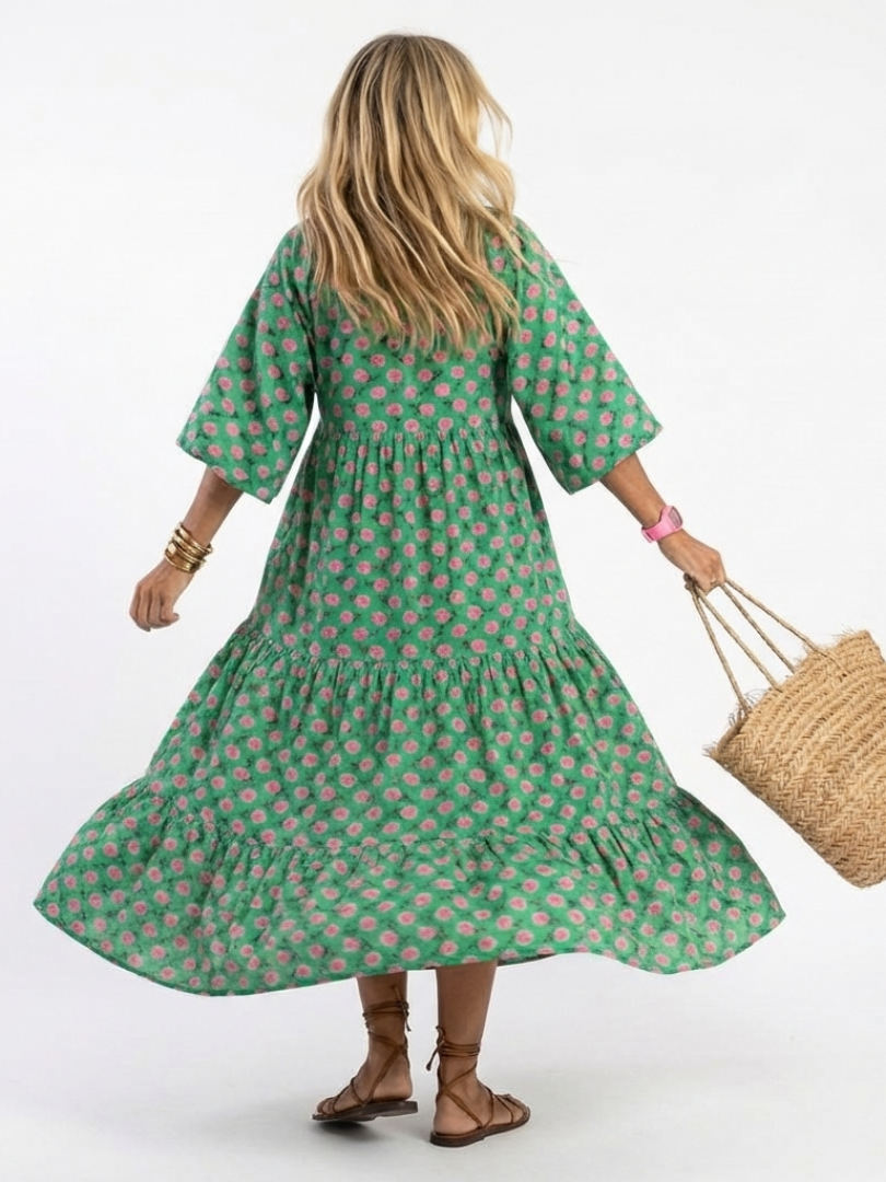 Fiora | Midi-Kleid mit V-Ausschnitt, Stufenrock und Blumenmuster