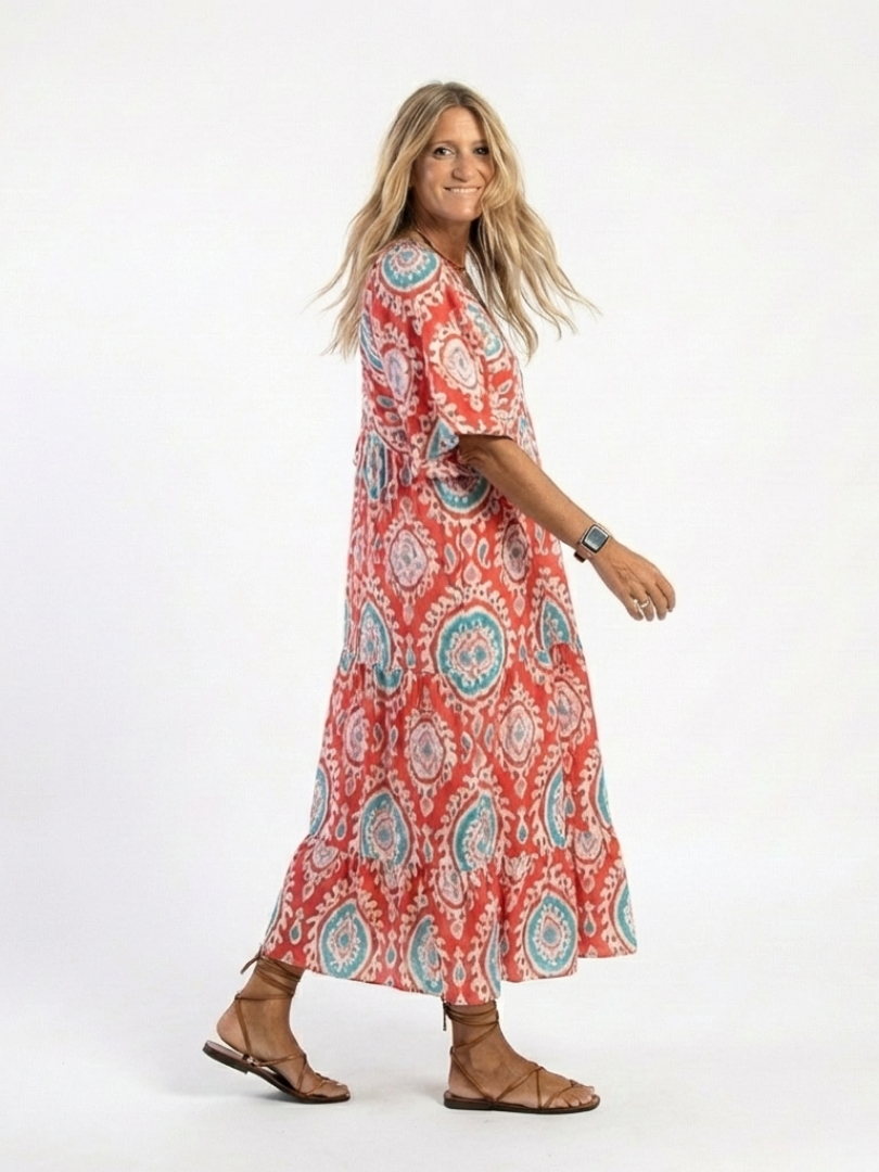 Zaria | Midi-Kleid mit V-Ausschnitt, kurzen Ärmeln und Paisley-Muster