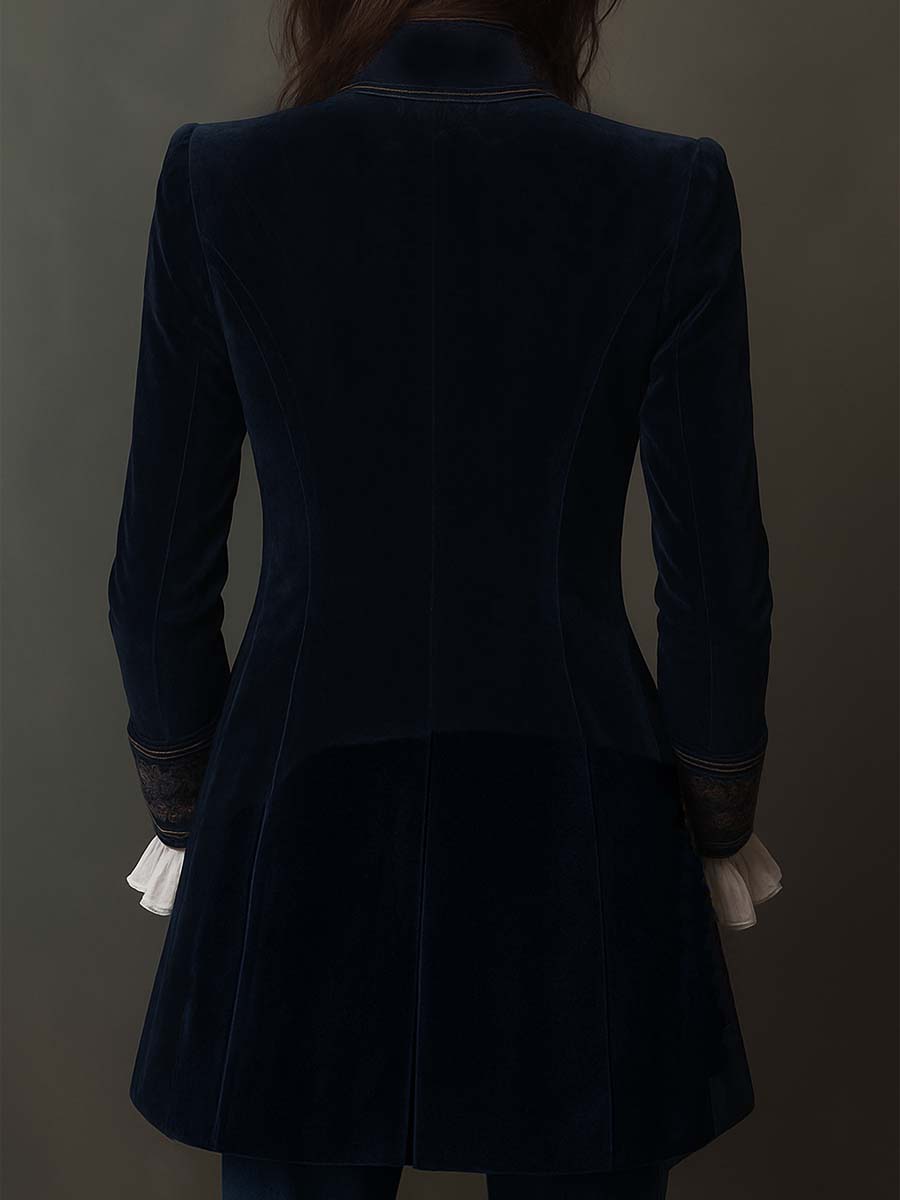 Damen Vintage-Longline-Jacke in Marineblau mit Stickerei
