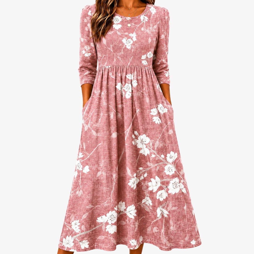 Zartrosa Blüten Elegantes Midikleid mit Taschen