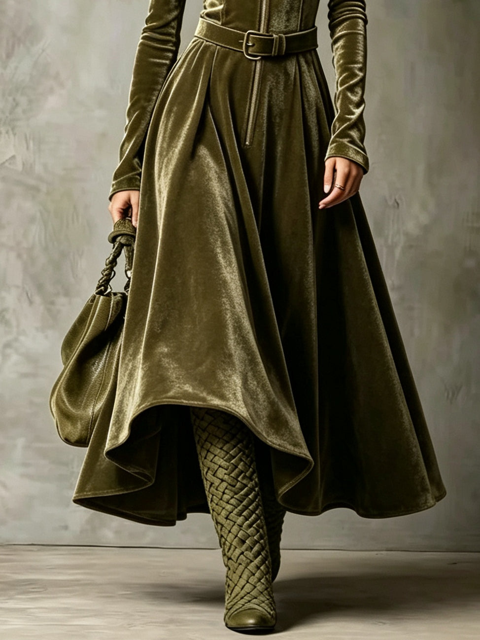 Raffaella | Olivgrünes Maxikleid aus Samt mit Reißverschluss im Vintage-Stil (Gürtel inklusive)