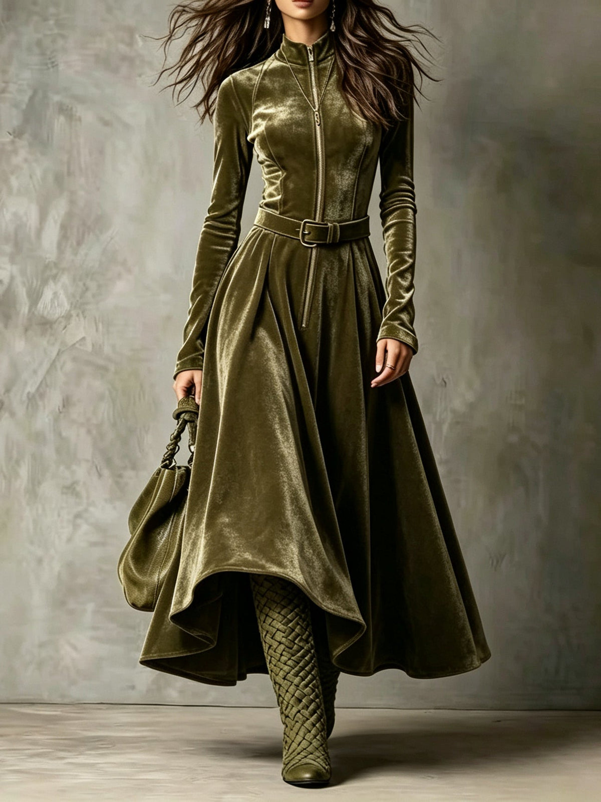 Raffaella | Olivgrünes Maxikleid aus Samt mit Reißverschluss im Vintage-Stil (Gürtel inklusive)