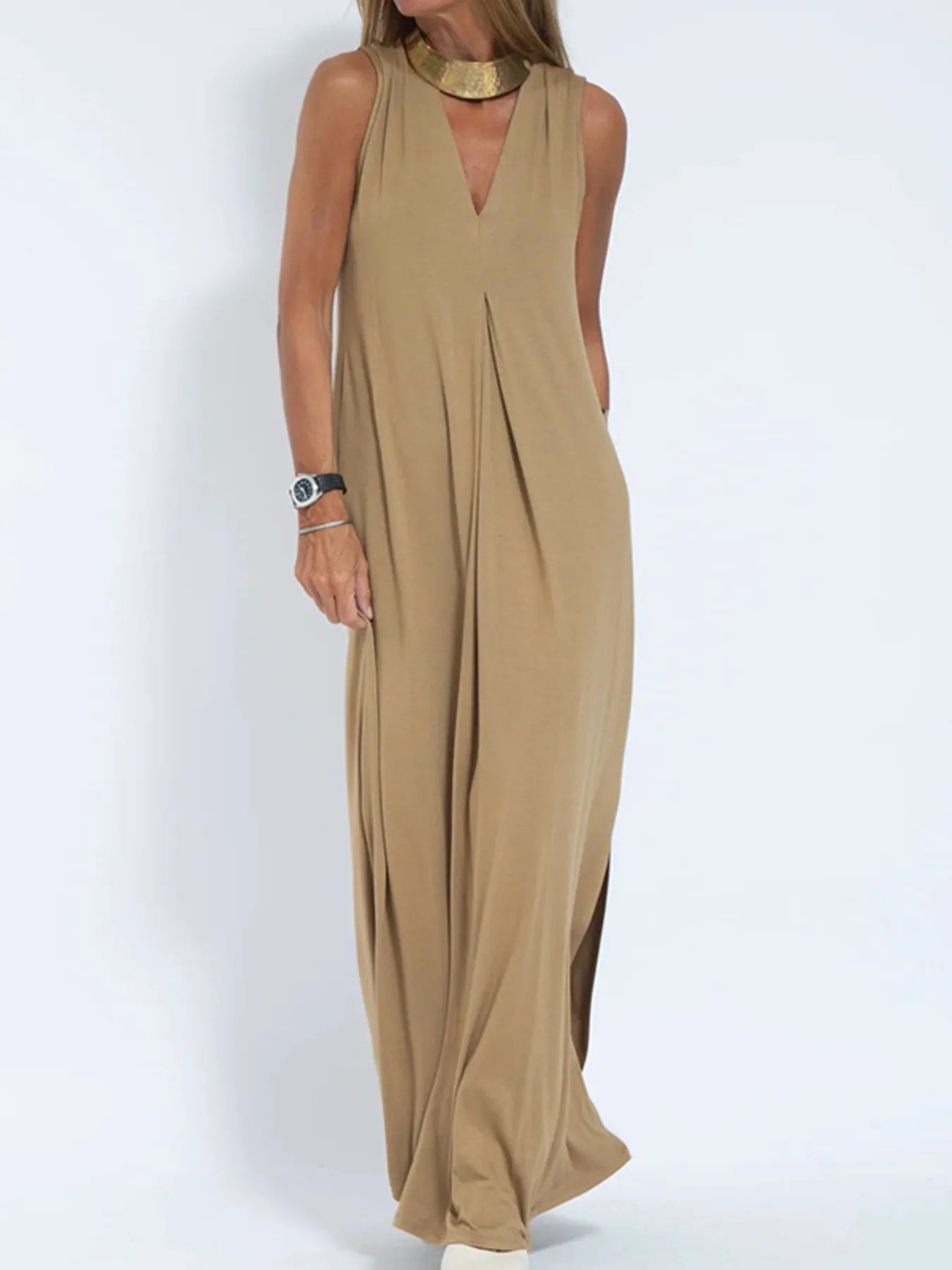 Ärmelloses Maxikleid mit V-Ausschnitt und Schlitz Große Größen